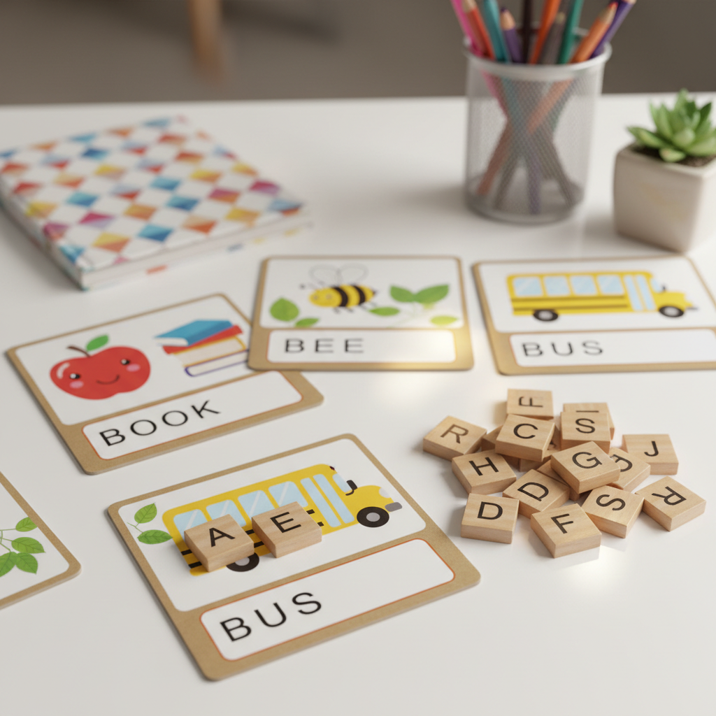 A tidy English vocabulary game setup for primary students on a smooth white table, photographed with shallow depth of field. Sturdy cardboard cards show bold, colorful illustrations of classroom objects and nature scenes, each paired with a clear, blank space where movable wooden tiles with engraved letters can be placed to form simple English words. Soft, warm overhead lighting illuminates the scene, creating subtle reflections on the varnished wood tiles and a cozy classroom feeling. In the softly blurred background rest a closed notebook, a set of colored pencils in a metal cup, and a small decorative plant, reinforcing a friendly, creative learning atmosphere.