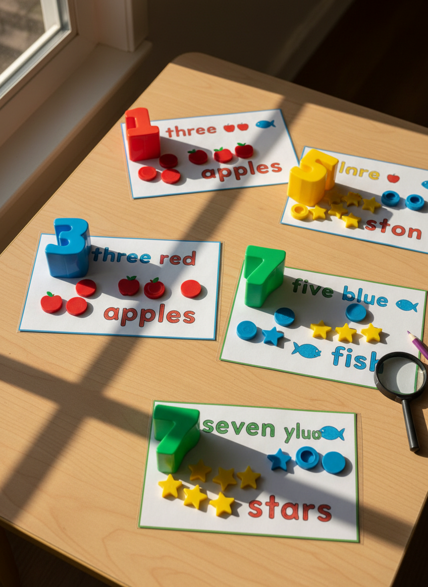 An engaging English numbers and colors station designed for young learners, captured in photographic realism from a slightly angled top-down view. On a pale wooden surface lie chunky plastic number blocks and color-coded counting tokens, each placed beside printed activity sheets with rows of simple English phrases like "three red apples," implied through carefully arranged apple-shaped counters and colored circles instead of text. Gentle morning sunlight pours across the table, producing soft highlights and playful shadows that lead the eye through the activity. The mood is bright, curious, and playful, ideal for elementary students practicing basic English while exploring math concepts.
