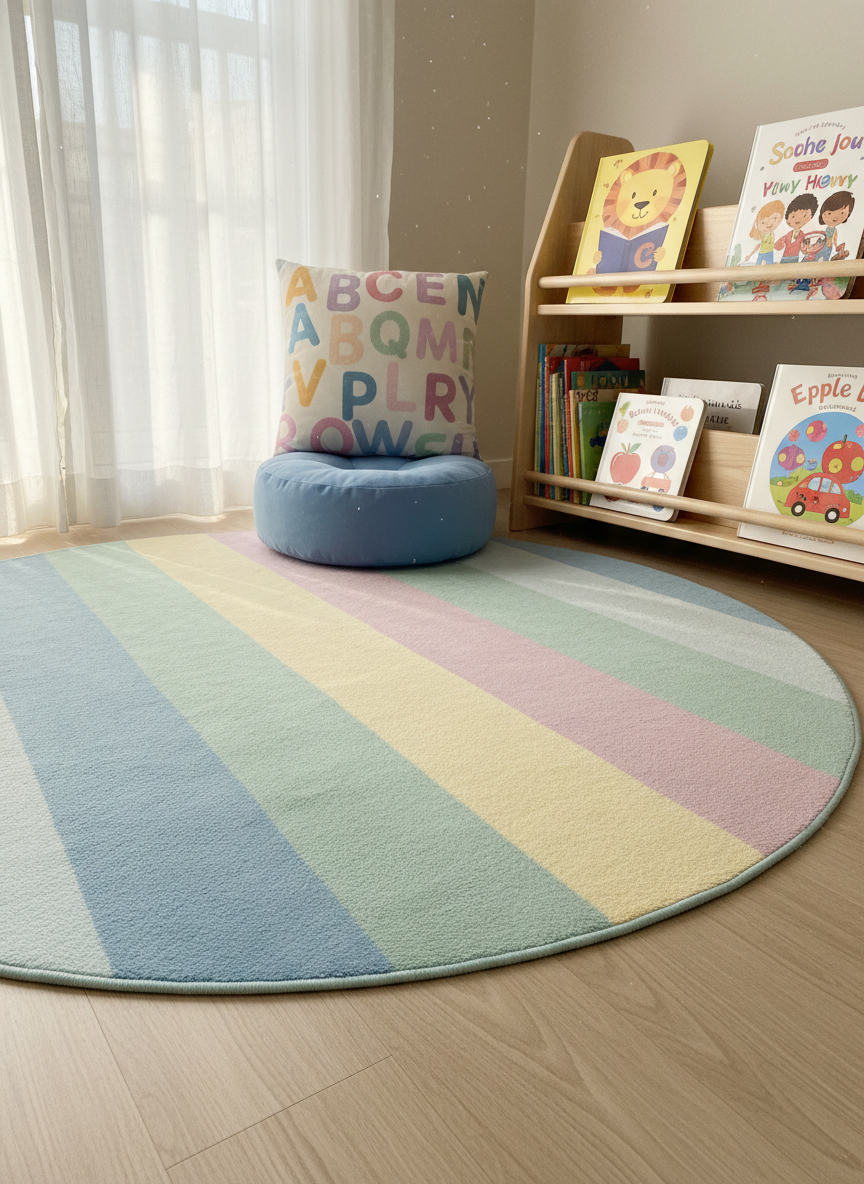 A cozy English reading nook for elementary learners, photographed at a low, childlike perspective. A soft, round rug in pastel rainbow stripes sits on a light laminate floor, with a low wooden shelf holding picture books whose covers show friendly animals, school scenes, and everyday objects labeled in implied English. A small, cushioned floor seat and a plush alphabet-shaped pillow rest nearby. Natural light filters through sheer curtains, casting a gentle, diffused glow that softens edges and creates a calm, inviting mood. The composition uses the rule of thirds, drawing the viewer toward the books as the heart of playful, early English reading practice.