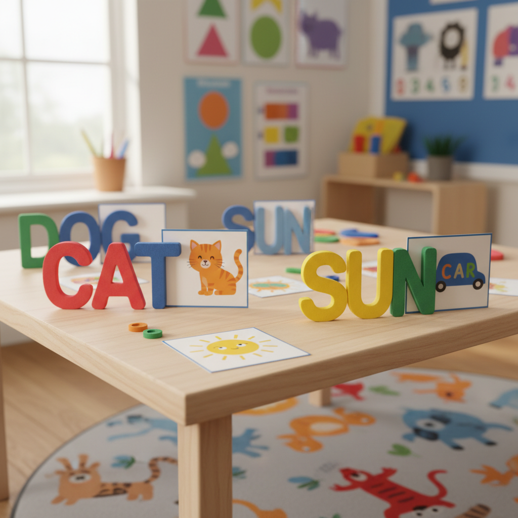A cheerful English alphabet activity scene on a low, child-height table of pale birch wood, captured from a slightly elevated angle in photographic realism. Large foam letters with soft, matte textures in bright reds, blues, yellows, and greens are arranged into simple three-letter English words beside laminated picture cards showing matching images, like a cat or sun. Diffused natural light from a nearby window creates soft highlights on the letters and gentle shadows between them. In the background, out-of-focus posters with shapes and colors hint at a lively classroom. The mood is energetic yet organized, emphasizing hands-on, playful learning for elementary students.
