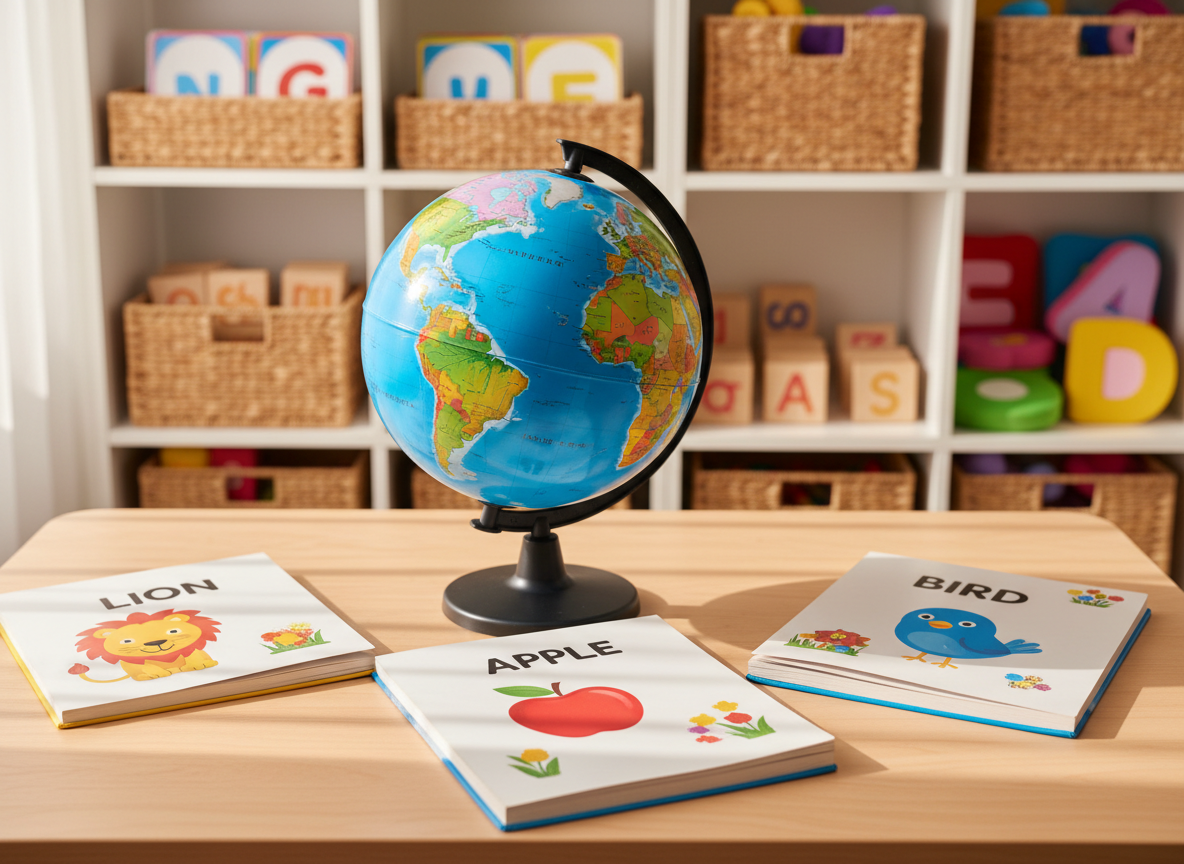 A bright, inviting elementary English learning corner, photographed at eye level, featuring a large, colorful world globe made of glossy plastic on a light wooden desk. Around it are open picture books showing simple English words paired with cheerful illustrations of animals and objects. Soft afternoon daylight streams through an unseen window, casting gentle shadows and a warm glow on the smooth tabletop. In the blurred background, shelves hold neatly arranged baskets of flashcards, letter tiles, and plush alphabet cushions. The mood is playful and welcoming, with vibrant primary colors and photographic realism that feels relatable and fun for young children beginning to learn English.